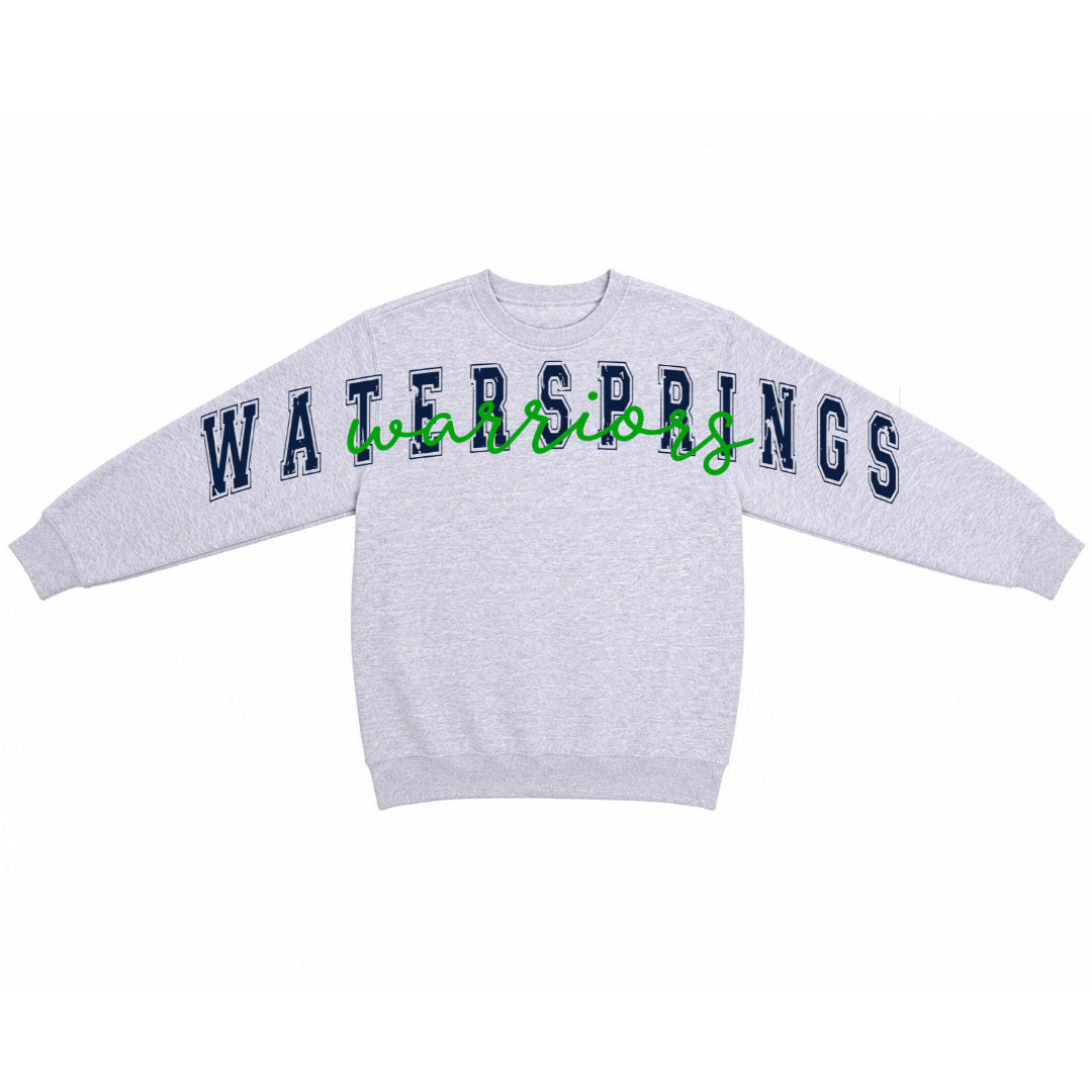 A light heather gray crewneck sweatshirt featuring 'WATERSPRINGS' printed across the chest in navy blue varsity block letters, with a green cursive script overlay reading 'winters'.
